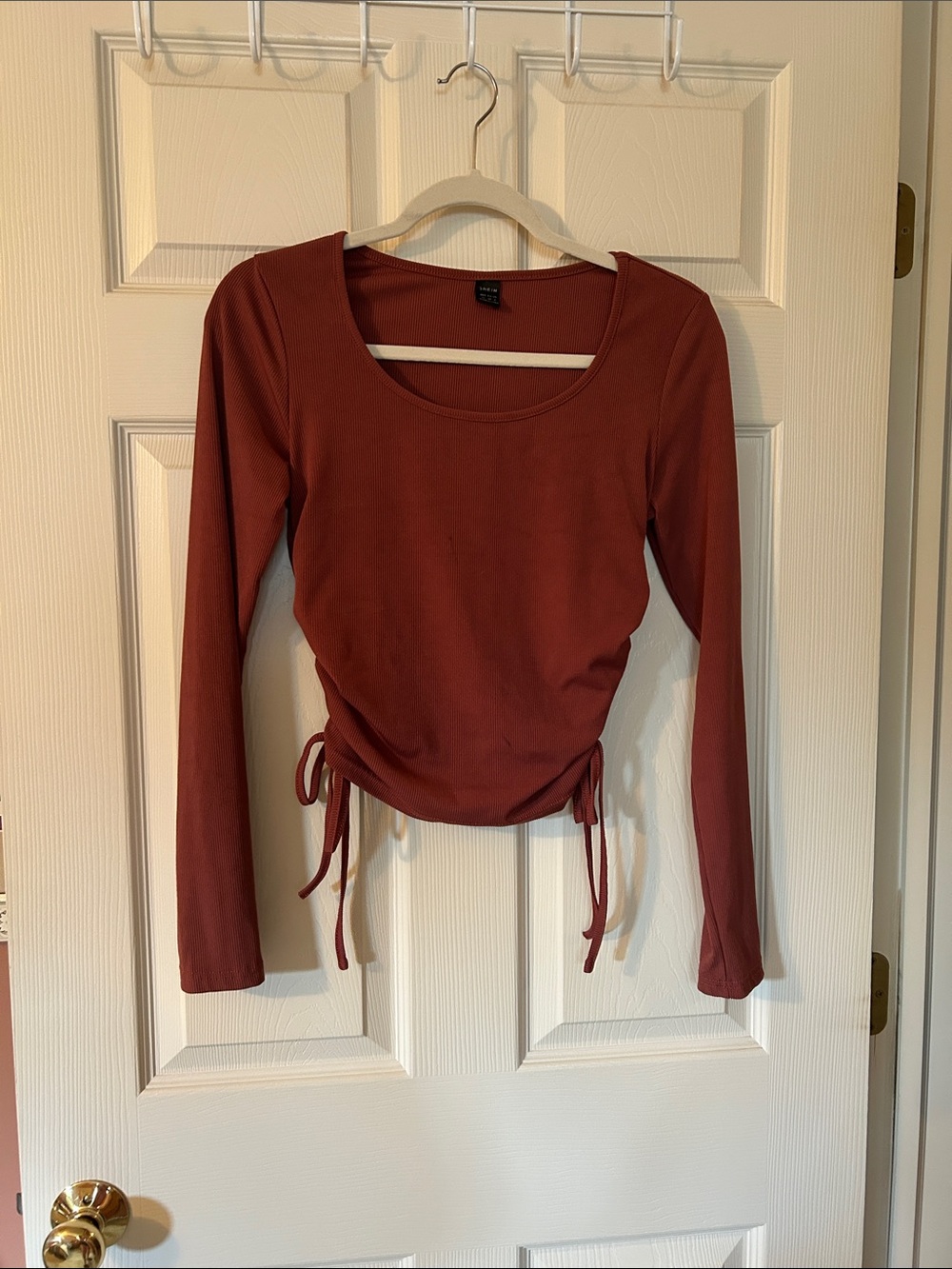 SHEIN Rust Long-Sleeve Side-Ruched Scoop Top